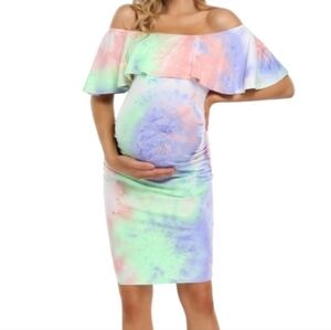 Coolmee Tie-Dye Multicolor Off-Shoulder Maternity Dress Sz M